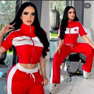 Conjunto dama crop top con cremallera y pantalón bicolor rojo y blanco